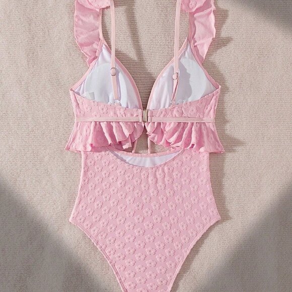 Pink Cute Women's Beach Vacation Jacquard Ruffle Trim One-Piece Swimsuit - Picture 5 of 8